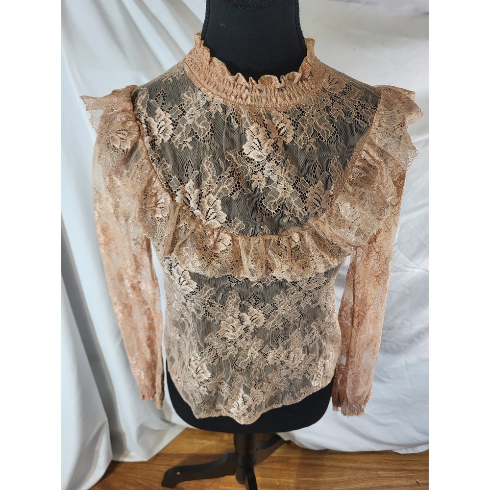 Redyazel Blush Pink 100% Nylon Lace Top Size S Victorian High Neck